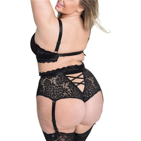 Sexy Women's Plus Size Black Floral Lace Lingerie  High Waisted Suspender Set - Picture 3 of 7